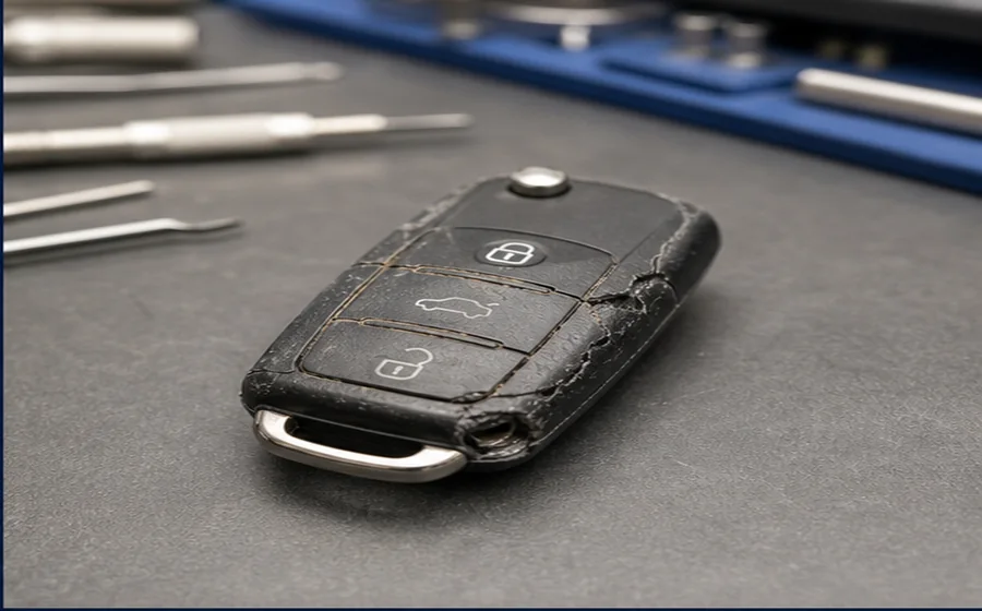 Damaged key before service Damaged car key fob before replacement
